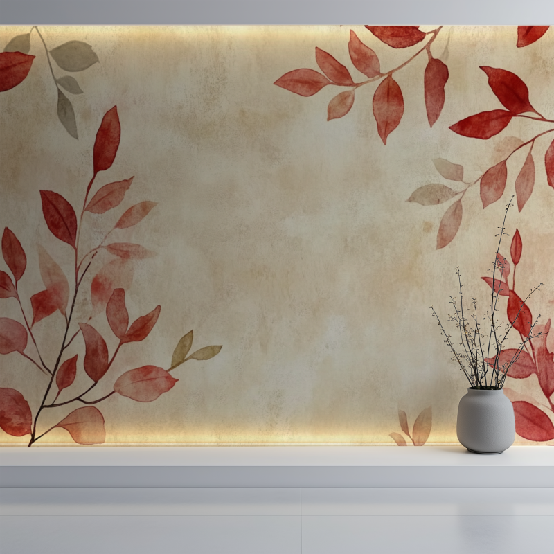 Papier peint vintage plante rouge mur blanc