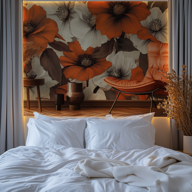 Papier peint vintage fleurs orange marron chambre tendanc