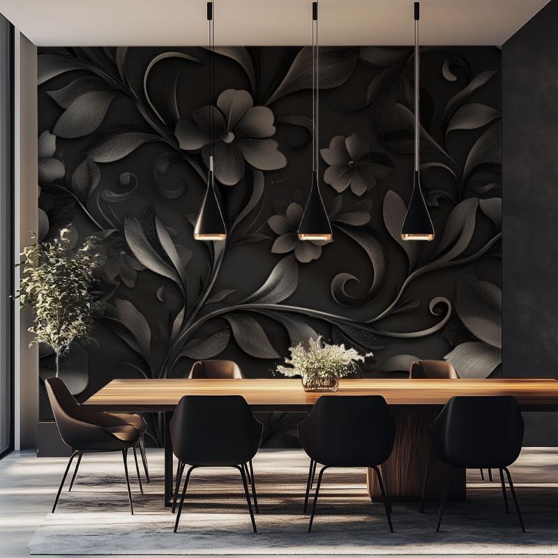 Papier peint noir et fleur vintage salle manger tapisserie
