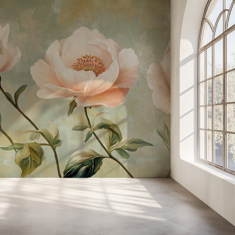 Papier peint fleuri vintage camelia mur simple