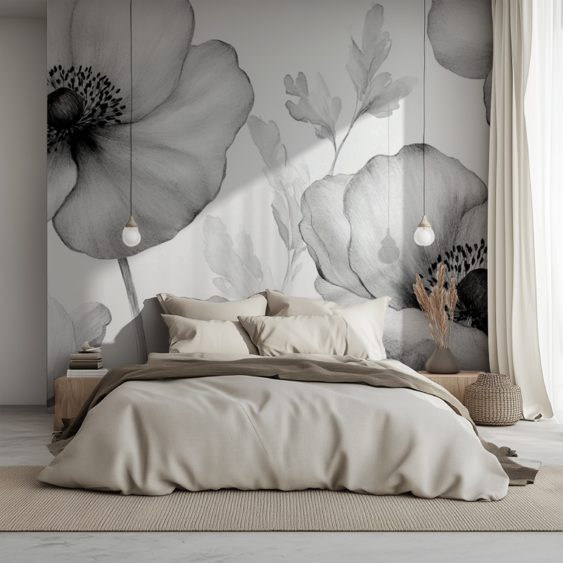 Papier peint fleur gris lit 1234