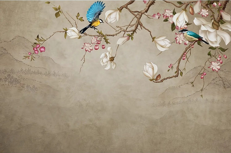 Papel pintado con pájaros y flores.