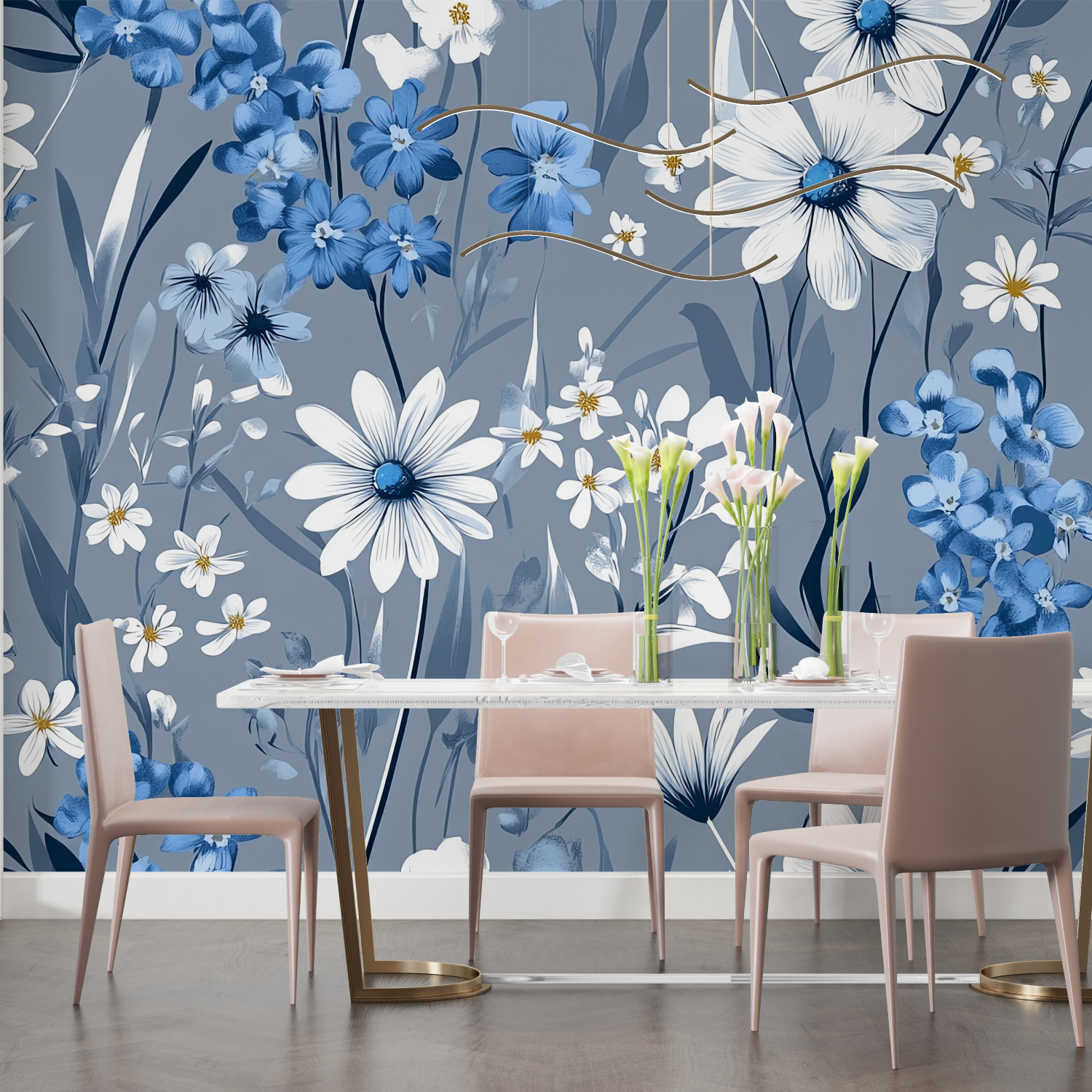 Papier Peint Bleu Fleurs Blanches - salon