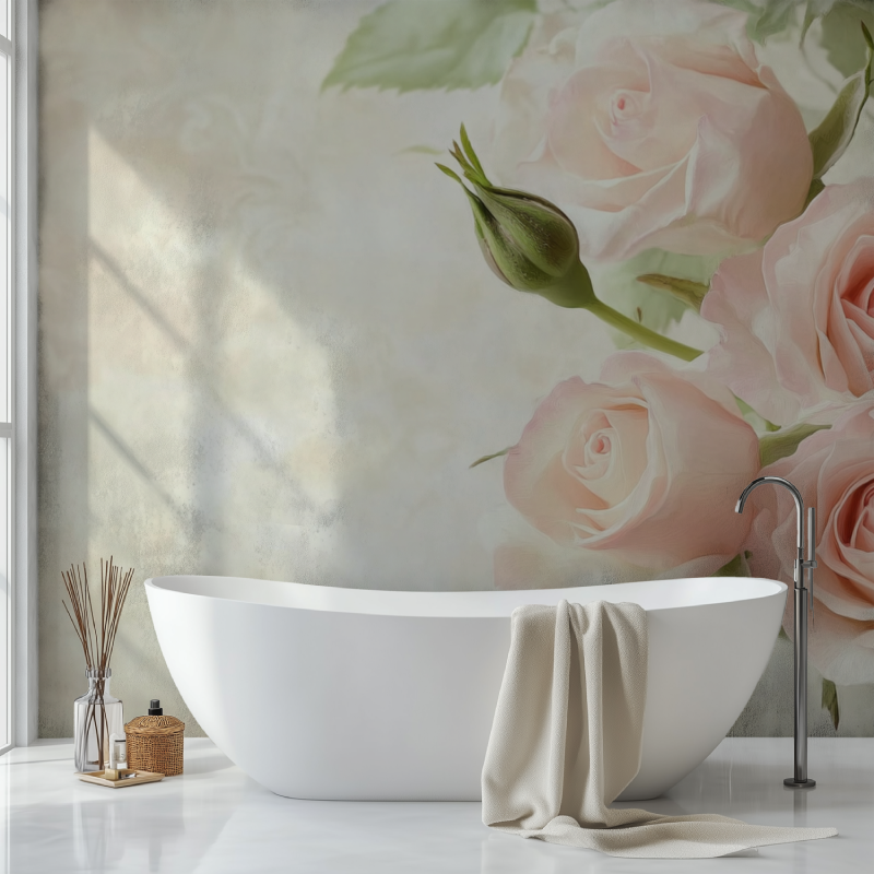 Papier peint vintage fleur rose sdb