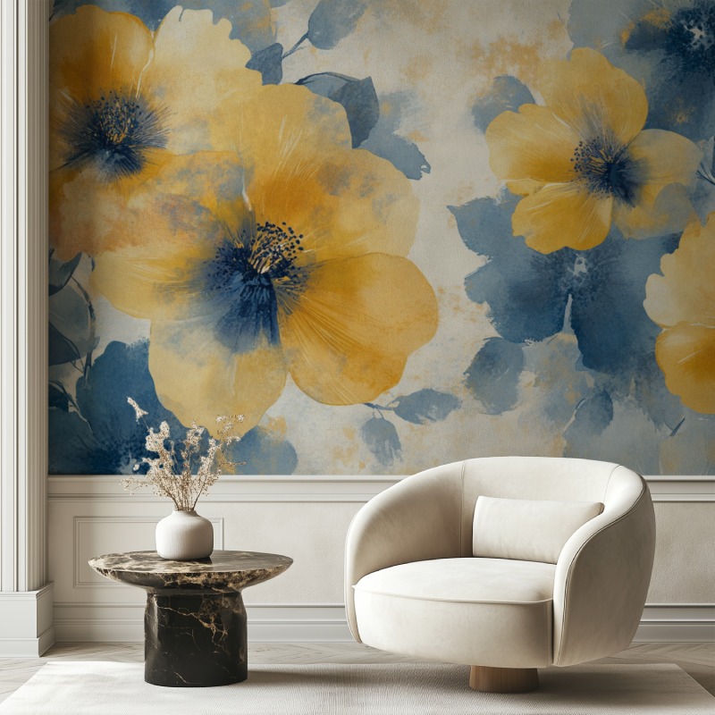 Papier peint fleur jaunes et bleu chaise tendance
