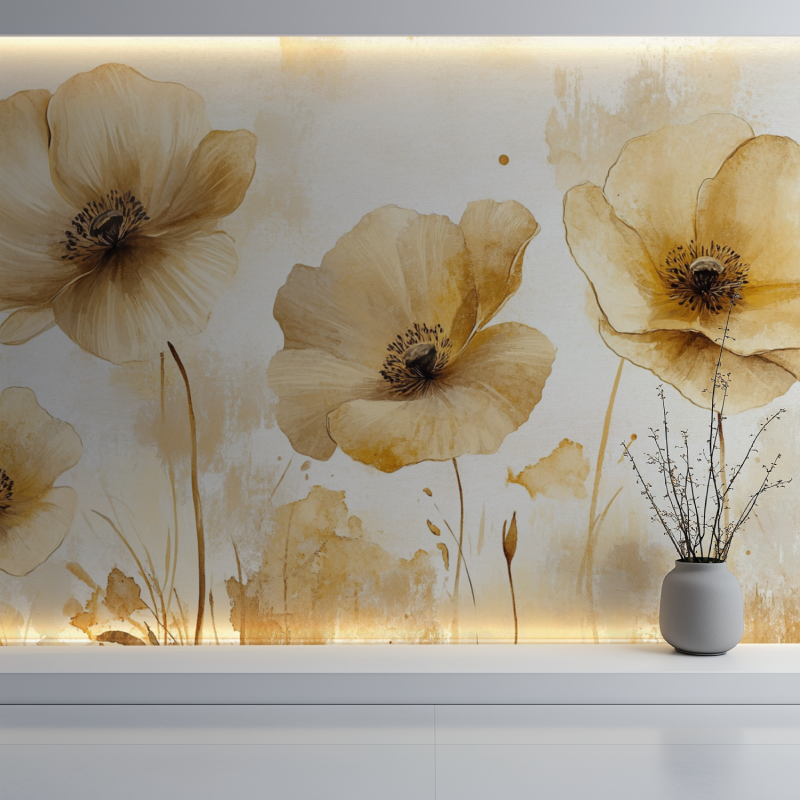 Papier peint fleur beige mur blanc