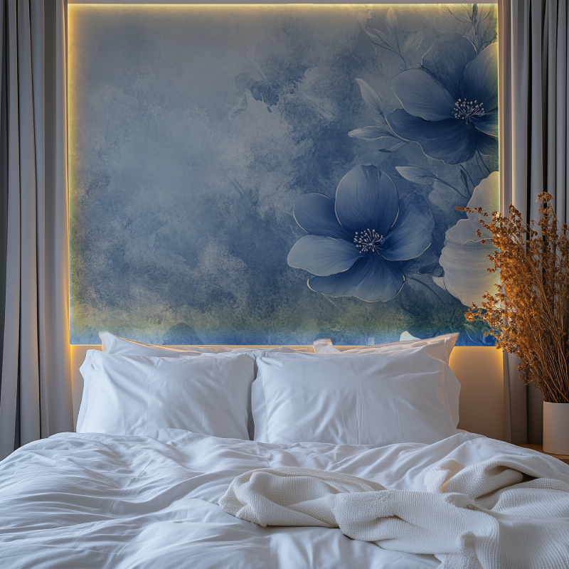 Papier peint fleur vintage bleue chambre tendanc