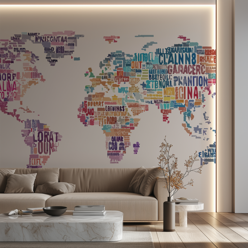 Papier peint carte du monde calligraphie canape neon