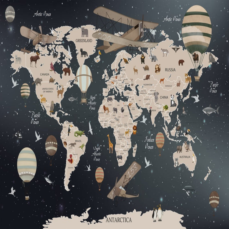 Papier Peint Carte du Monde <br/> Planisphère Noir et Avion