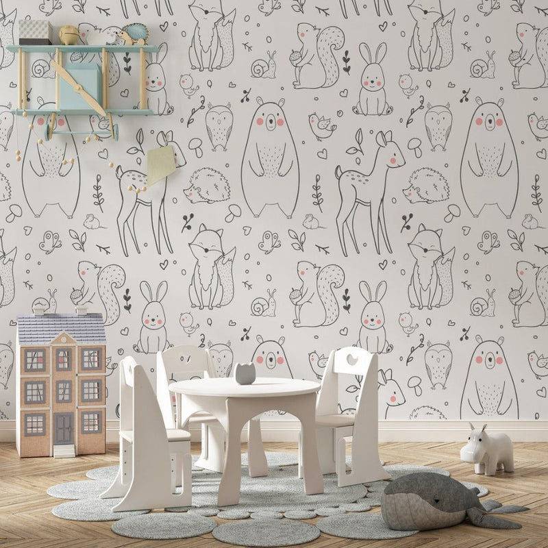 Papel pintado de animales<br> Fondo Blanco Patrón Negro