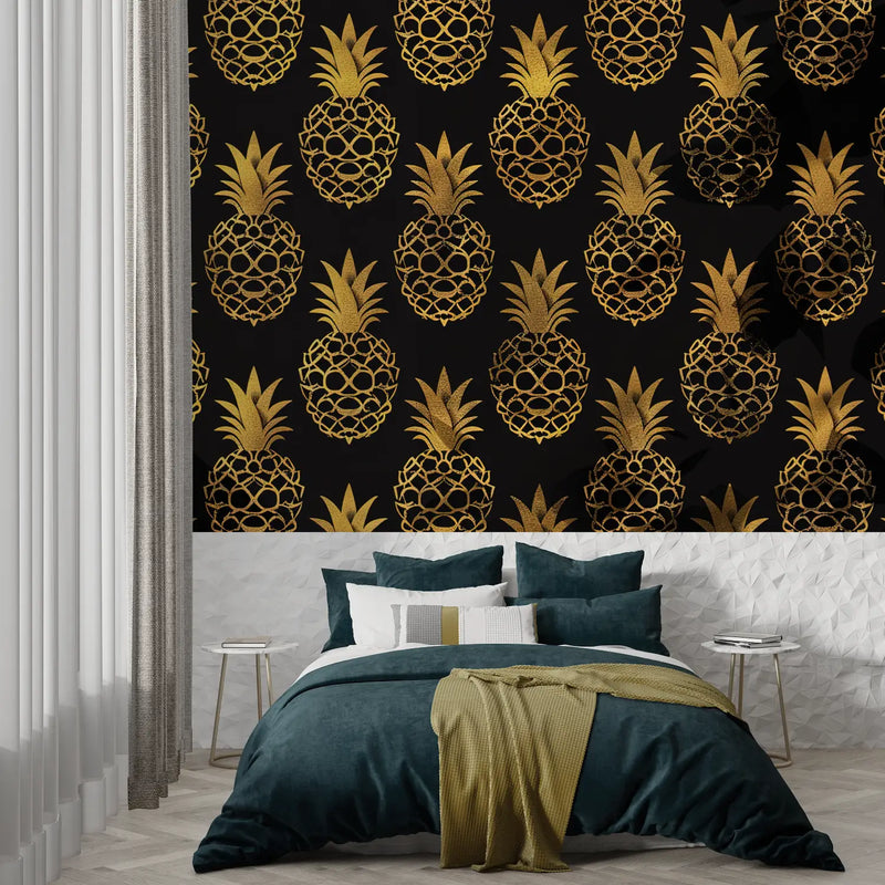 Papier Peint Ananas Doré - trompe l'oeil