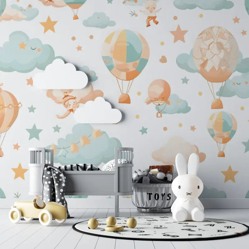 Papier peint bébé Montgolfières et nuages - chambre de bebe