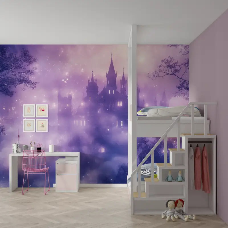 Papier peint chateau violet mur chambre fille