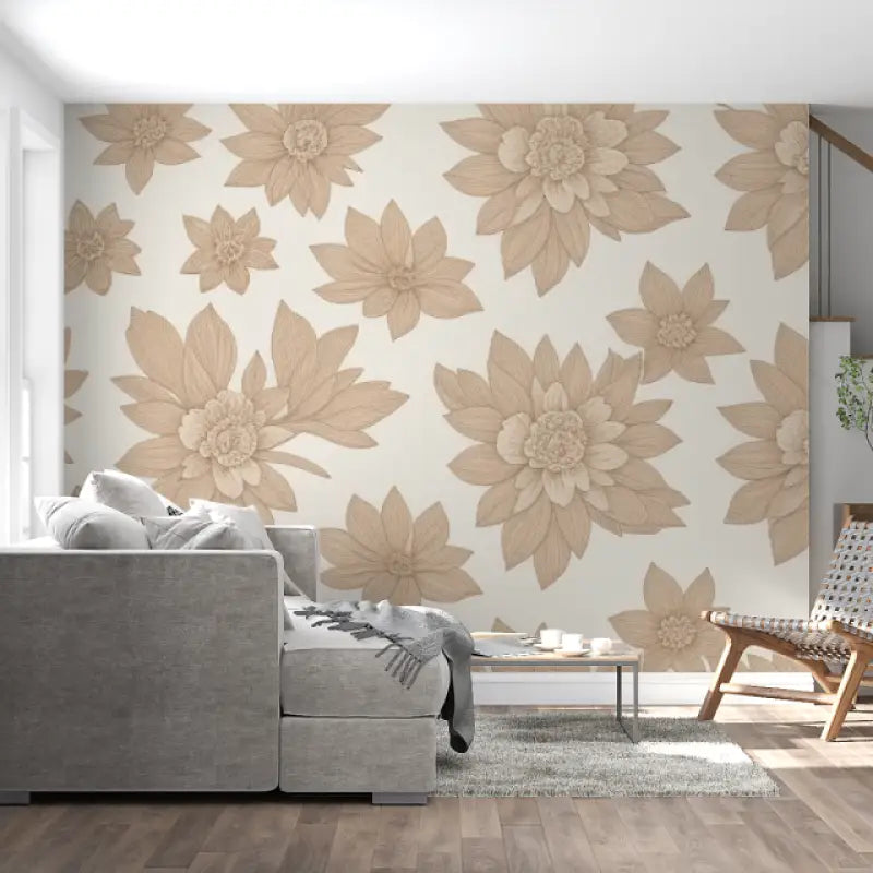 Papier peint cocooning floral taupe doux panoramique mural