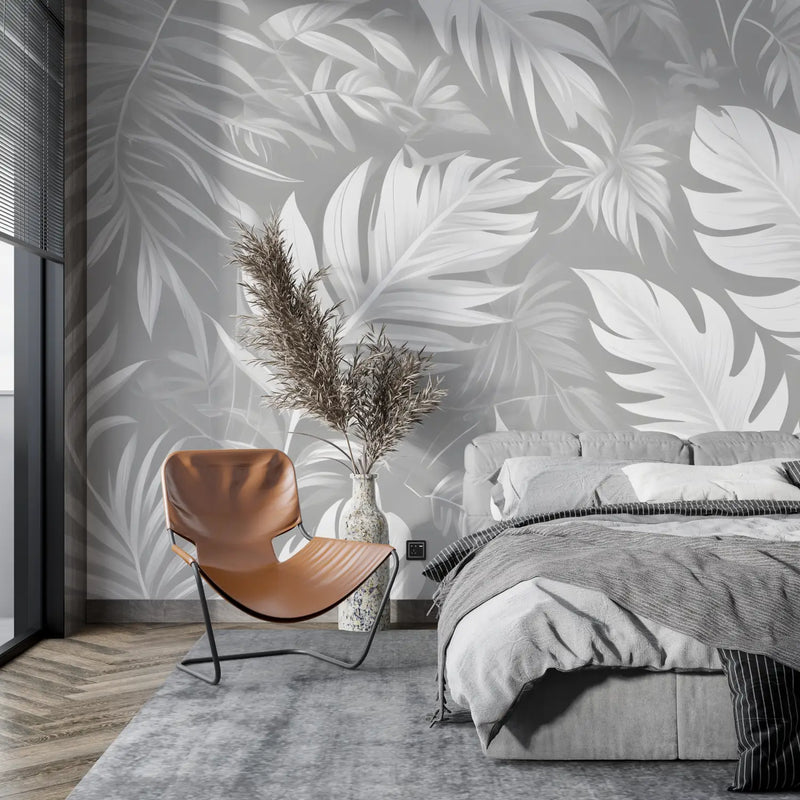 Papier Peint Feuillage Gris Et Blanc - tendance mur