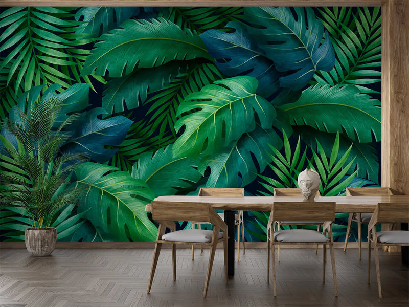 Papel pintado de follaje verde y azul