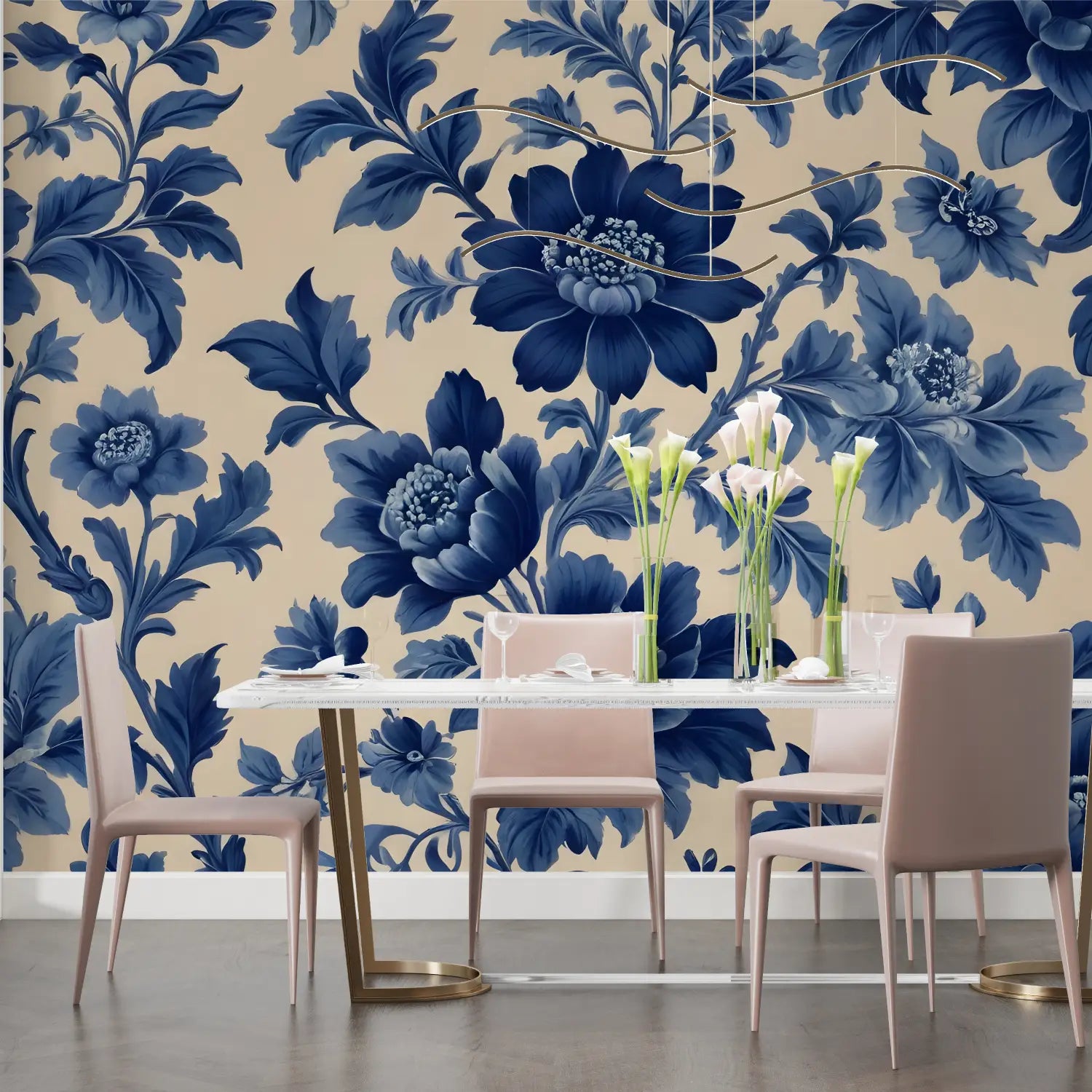 Papier Peint Fleuri Bleu Marine Et Blanc - tendance 2024