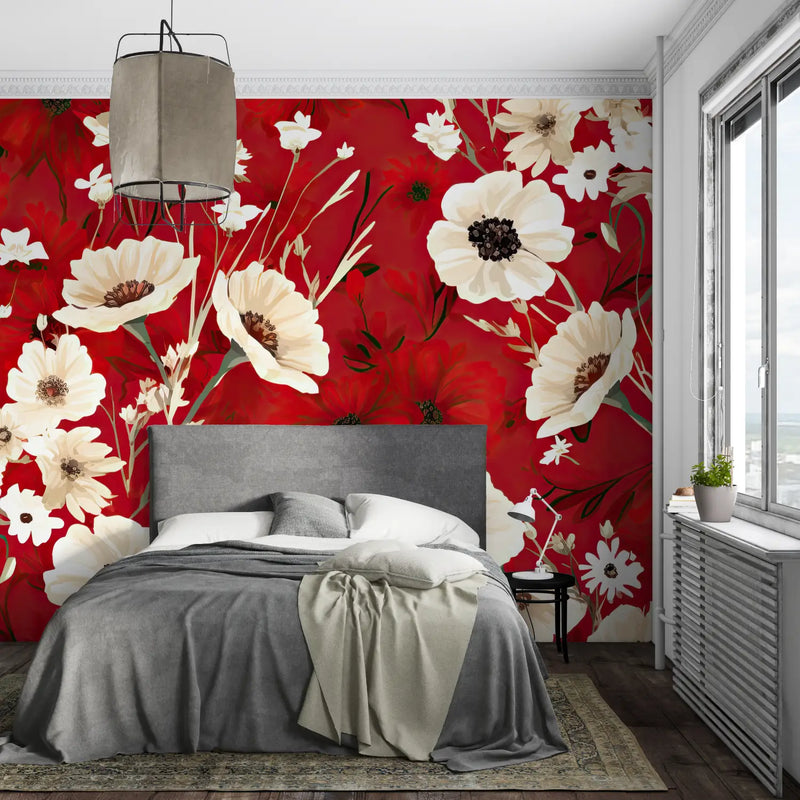 Papier Peint Fleuri Rouge - pano mural