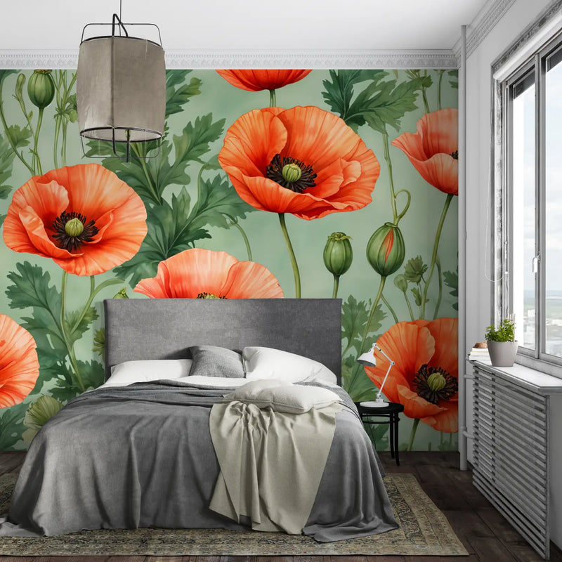 Papier Peint Fleuri Rouge Vintage - mural