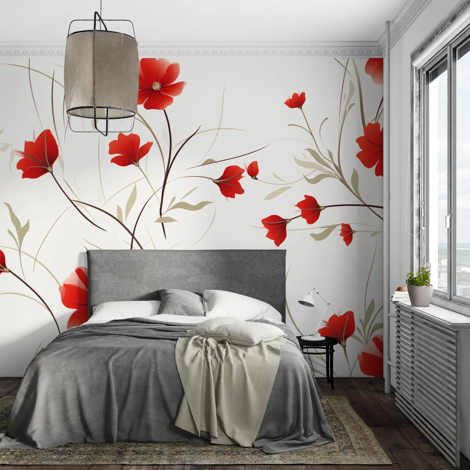 Papier Peint Floral Blanc Et Rouge - sur mesure