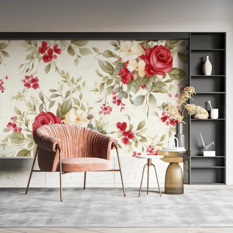 Papier Peint Floral Rouge Blanc - pano mural