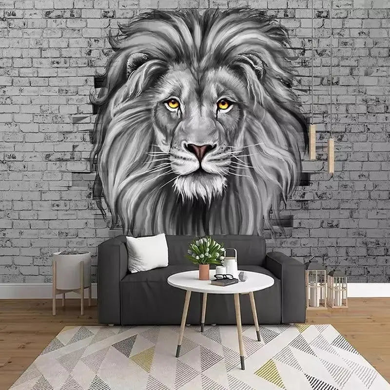 Papier Peint Noir et Blanc Lion Trompe l’Oeil