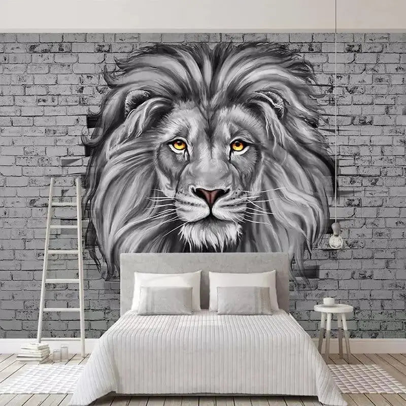 Papier Peint Noir et Blanc Lion Trompe l’Oeil