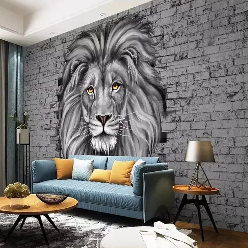 Papier Peint Noir et Blanc Lion Trompe l’Oeil