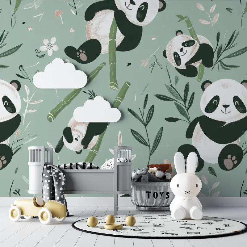 Papier peint Pandas vert bébé - chambre bébé