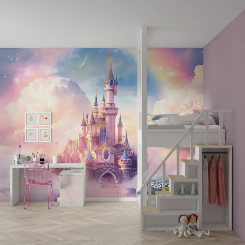 Papier peint princesse chateau arc en ciel mur chambre fille