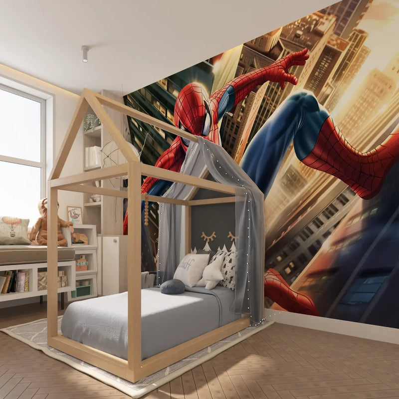 Papier Peint Spiderman Grimpeur Vintage - chambre garçon lit