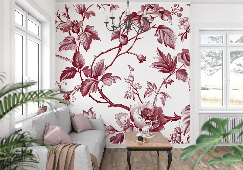 Papier Peint Toile De Jouy Blanc Rouge - panoramique tendance