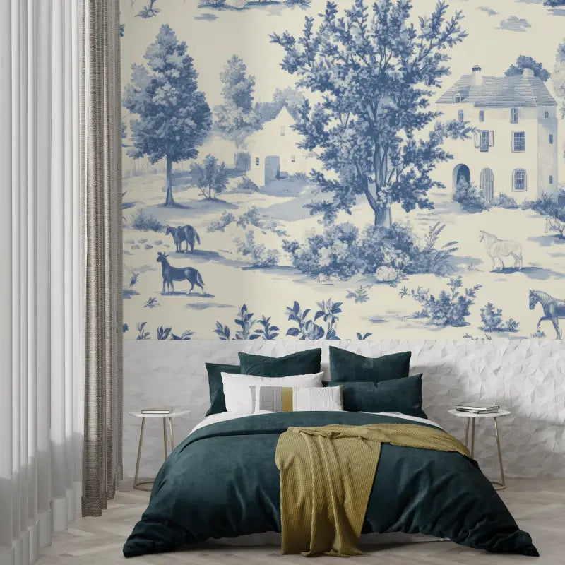 Papier Peint Toile De Jouy Bleu Art - panoramique tendance