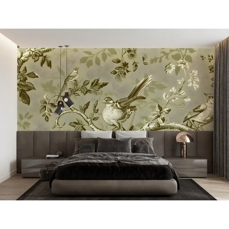 Papier Peint Toile De Jouy Branche Oiseau - Second Image