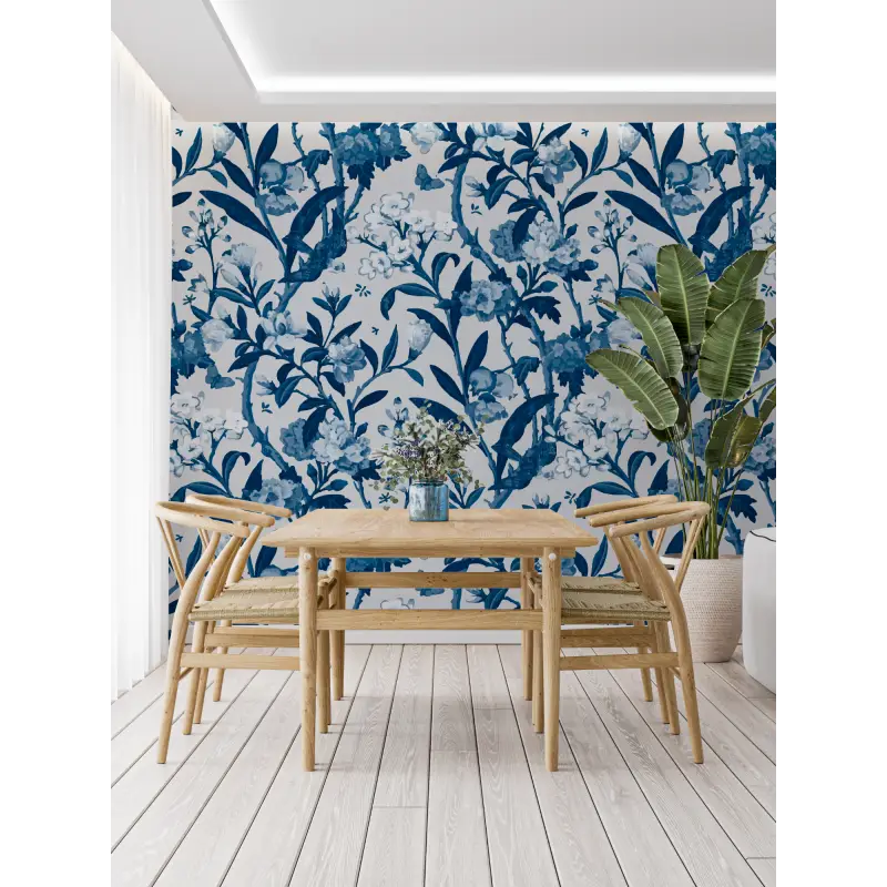 Papier Peint Toile De Jouy Fleurs Bleu - panoramique tendance