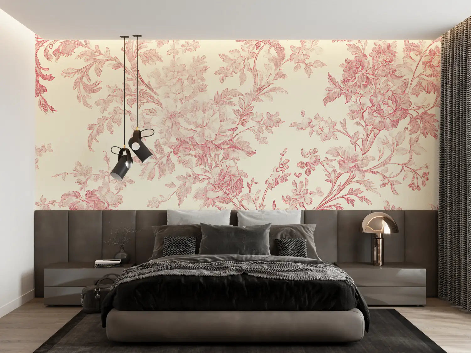 Papier Peint Toile De Jouy Fleurs Rouge - tapisserie