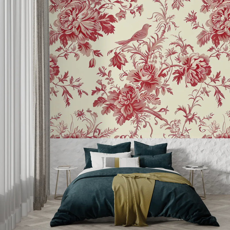 Papier Peint Toile De Jouy Rouge Oiseau - panoramique tendance