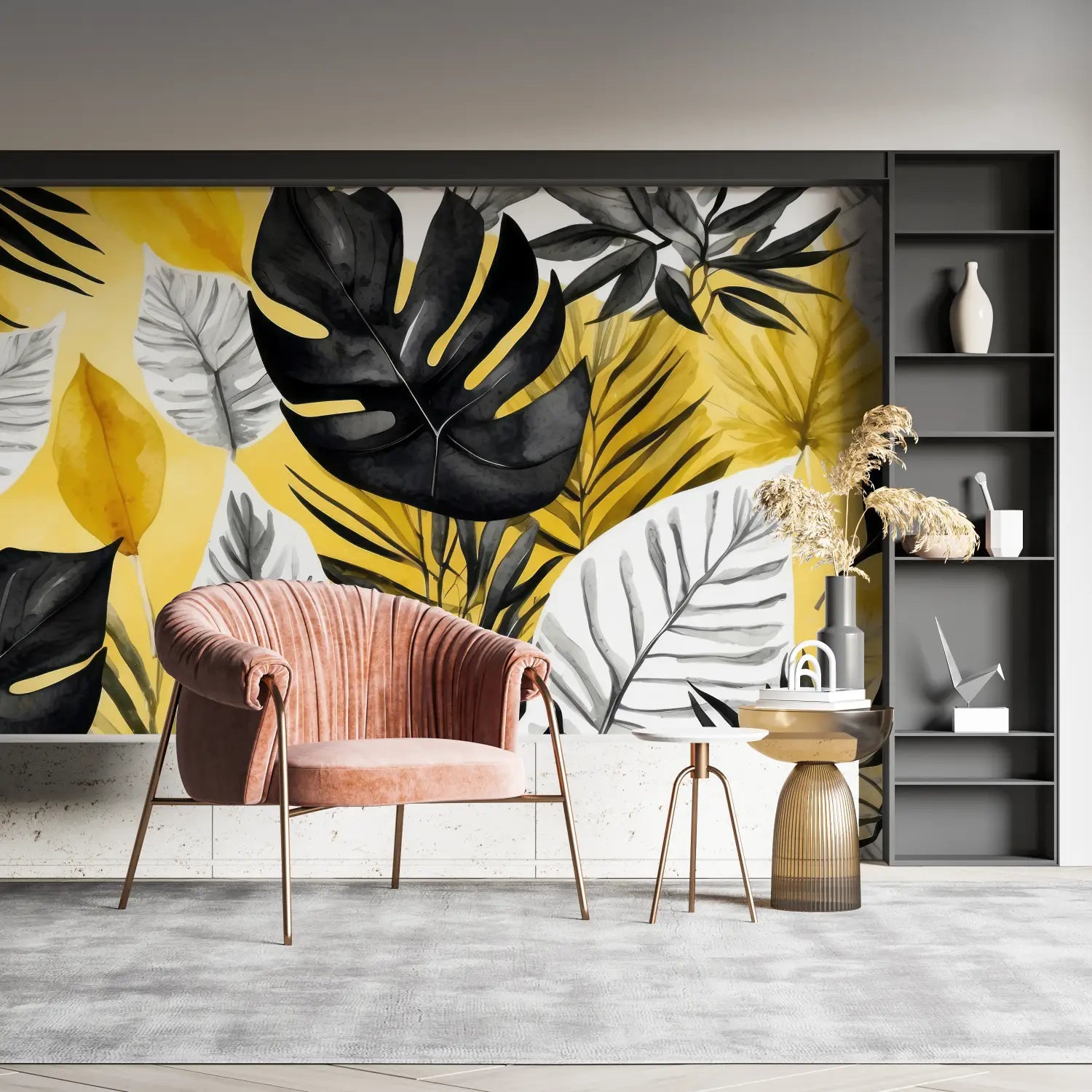 Papier Peint Tropical Gris Jaune - pano mural