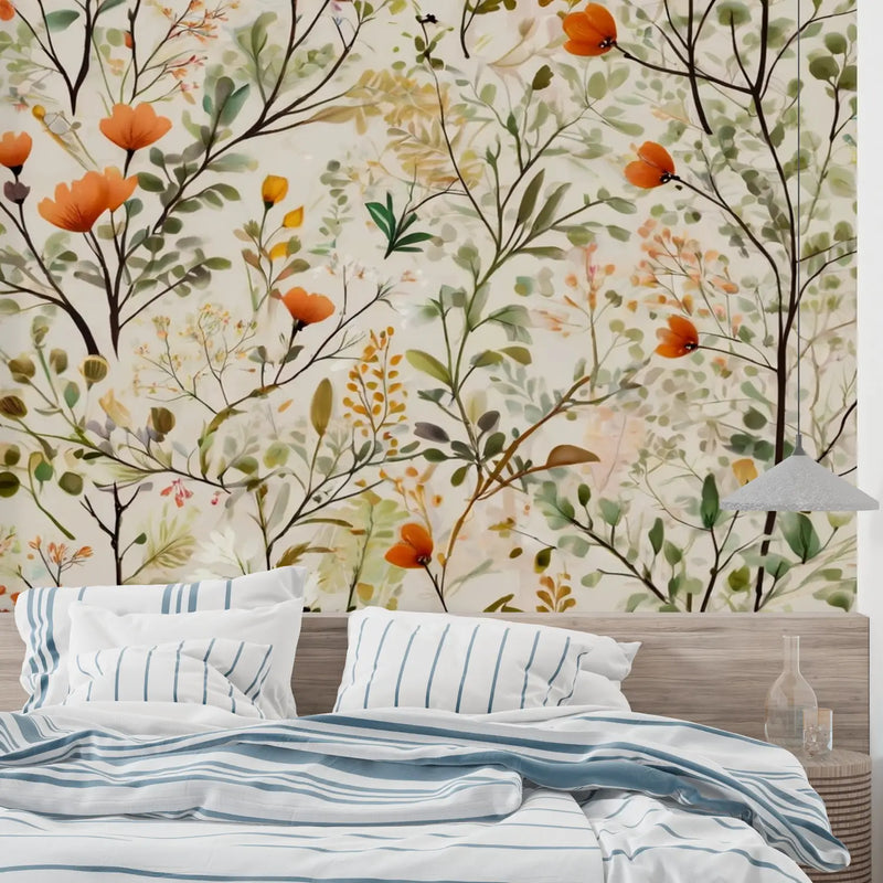 Papier Peint Vintage Fleur Orange - sur mesure