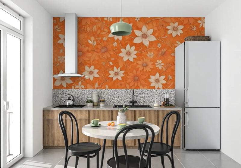 Papier Peint Vintage Fleurs Oranges - tapisserie pano