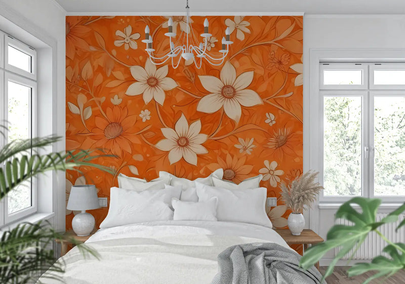 Papier Peint Vintage Fleurs Oranges - mur cuisine