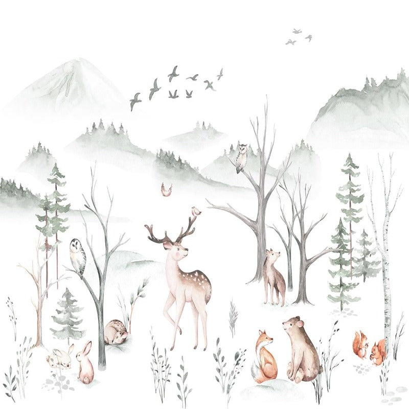 Papier Peint Animaux <br/> Cerf et Forêt Blanche