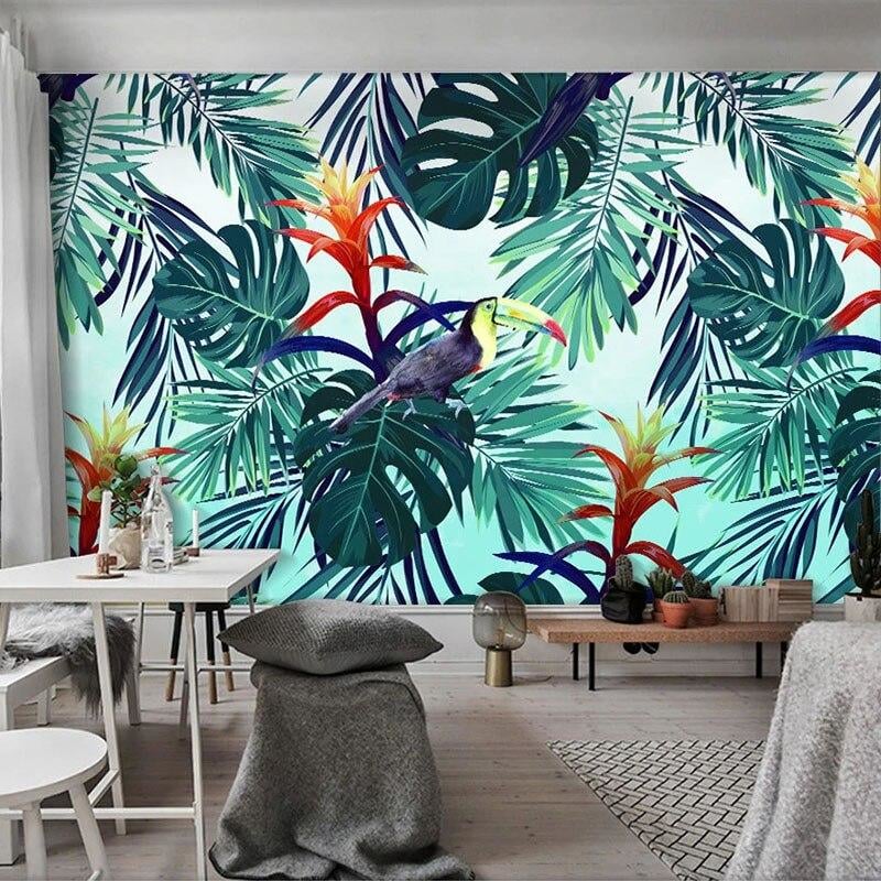 Papier Peint Panoramique Tropical Feuille Fleur Toucan